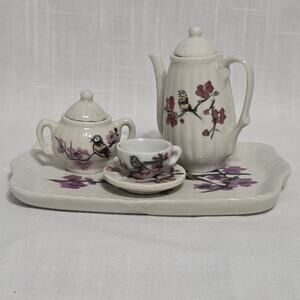 Miniature Ceramic Tea Set Bird Cherry Blossom Teapot Sugar Bowl Cup Saucer Tray